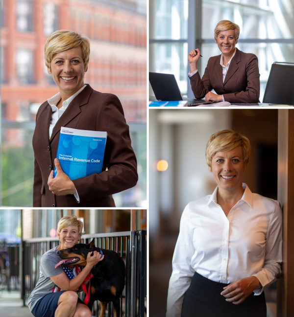 Grid of professional portraits in a upscale office setting with city scape in the background