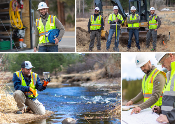 Grid of 4 pictures showing Upper Thompson Sanitation District workers in the field working